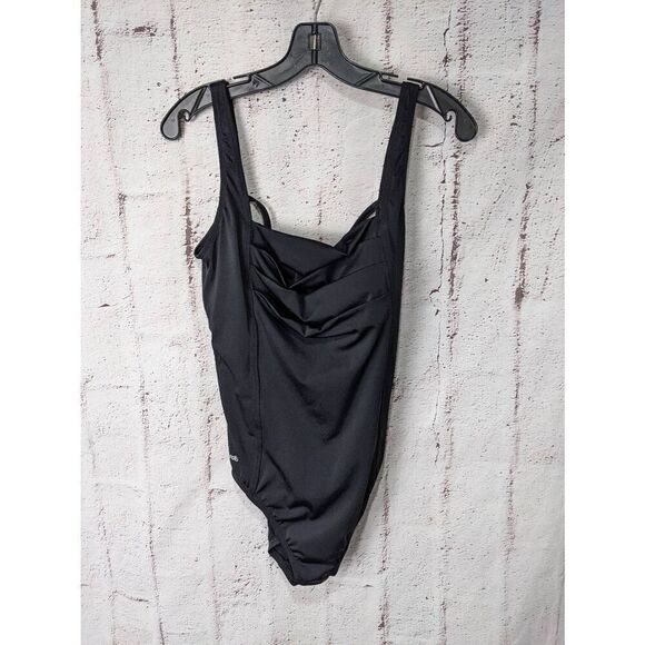 Speedo Black Square‎ Pleat Neck One Piece Swimming suit swimsuit Size 16 - Picture 1 of 5